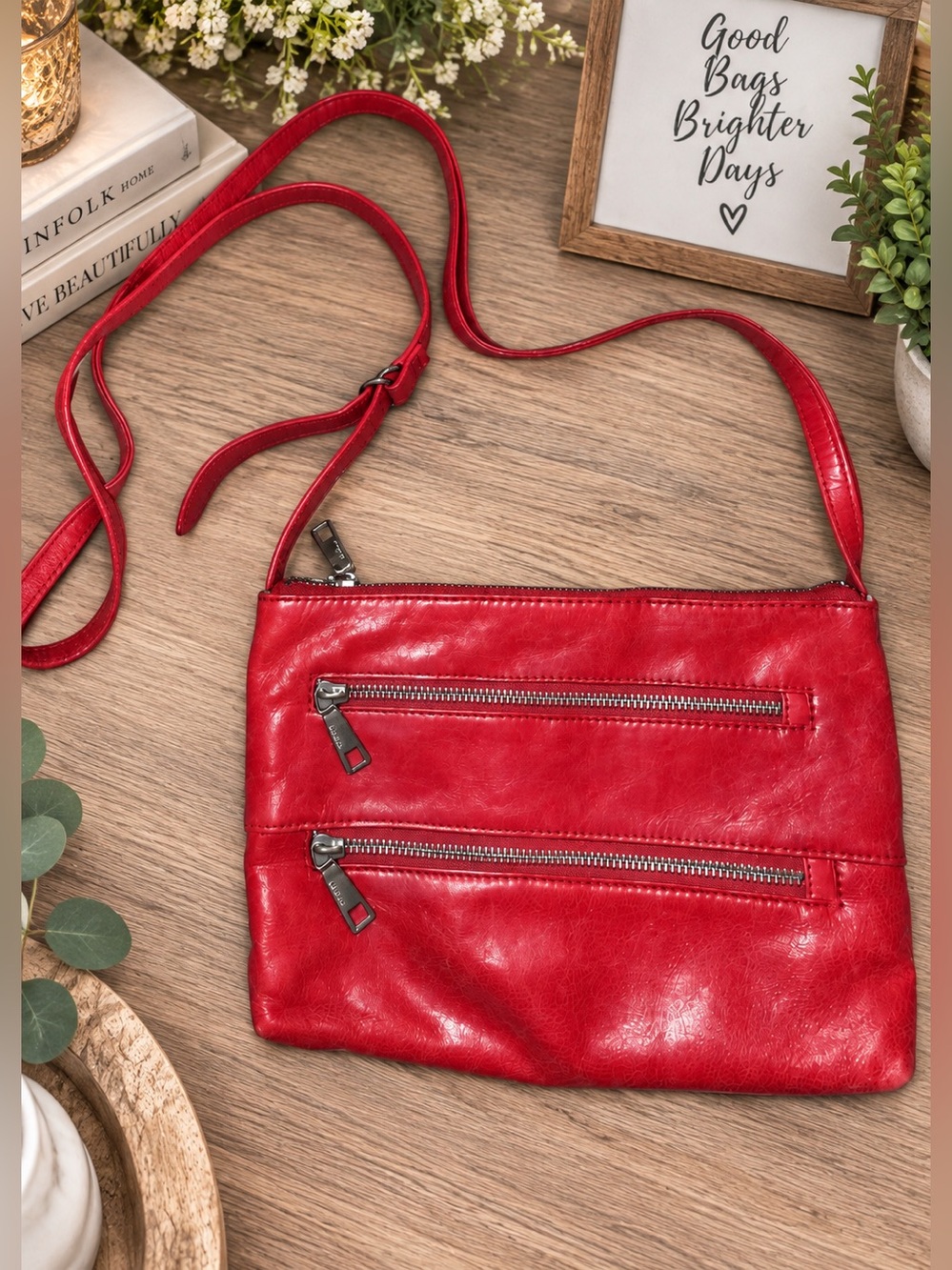 HOBO The Original Red Leather Crossbody Bag Double Zip Organizer